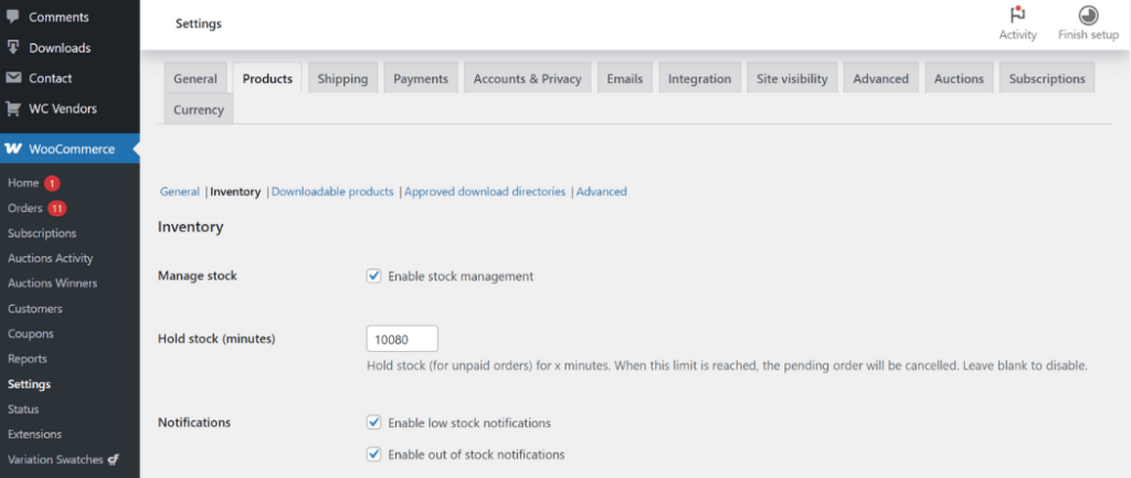A settings interface for WooCommerce, highlighting the inventory management options, including stock management, hold time, and notification settings.