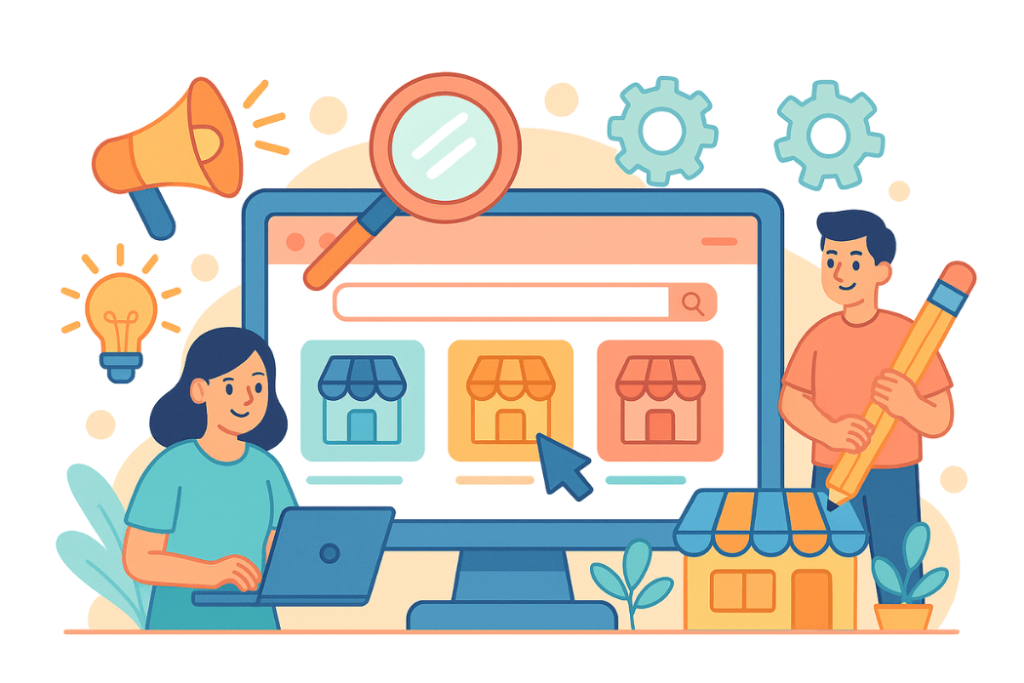 creating A Multi-Vendor Marketplace-visserlabs - Visser Labs illustration showing people setting up vendor stores on a WooCommerce multi-vendor marketplace platform