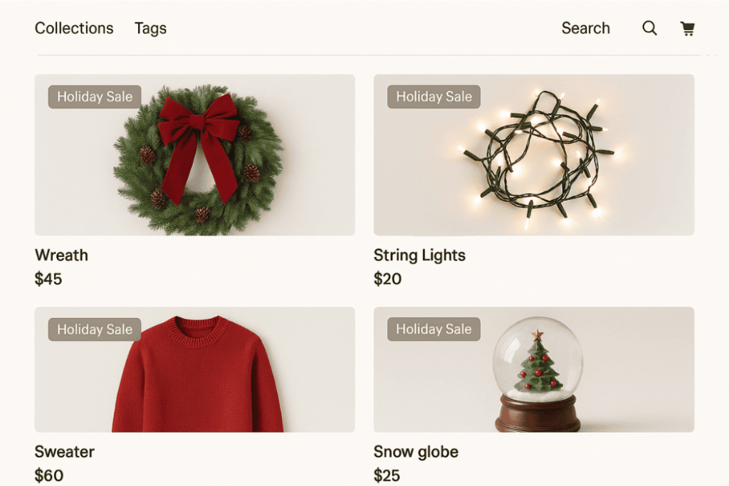 WooCommerce storefront showing seasonal products grouped under holiday sale tags