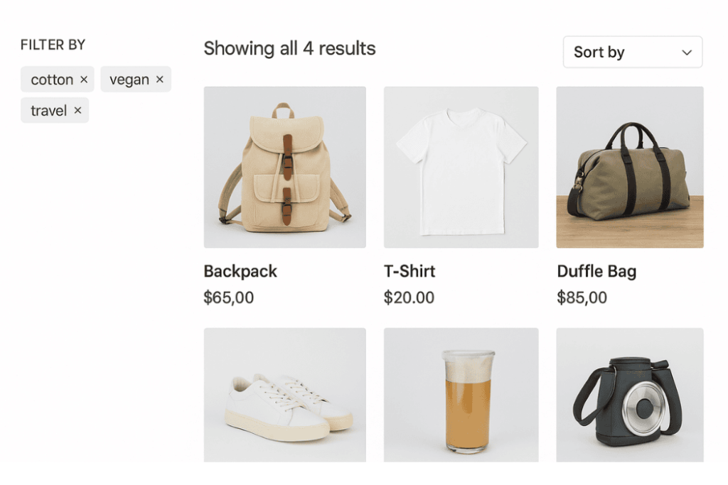WooCommerce product filtering options using tags like cotton, vegan, and travel