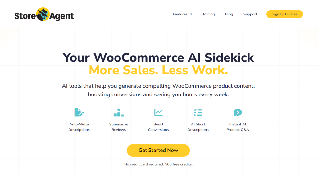 StoreAgent AI homepage promoting WooCommerce product content automation tools