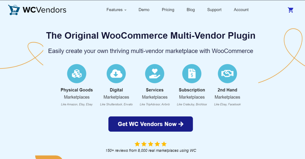 wc vendors homepage - Visser Labs WC Vendors plugin homepage showing marketplace types like digital, services, and physical goods for WooCommerce multi-vendor stores