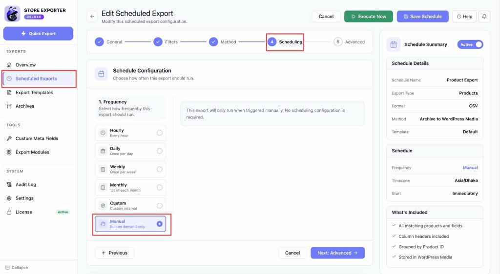 Store Exporter Deluxe Scheduling step, Frequency set to Manual, runs on demand only. - Visser Labs Store Exporter Deluxe Scheduling step, Frequency set to Manual, runs on demand only.