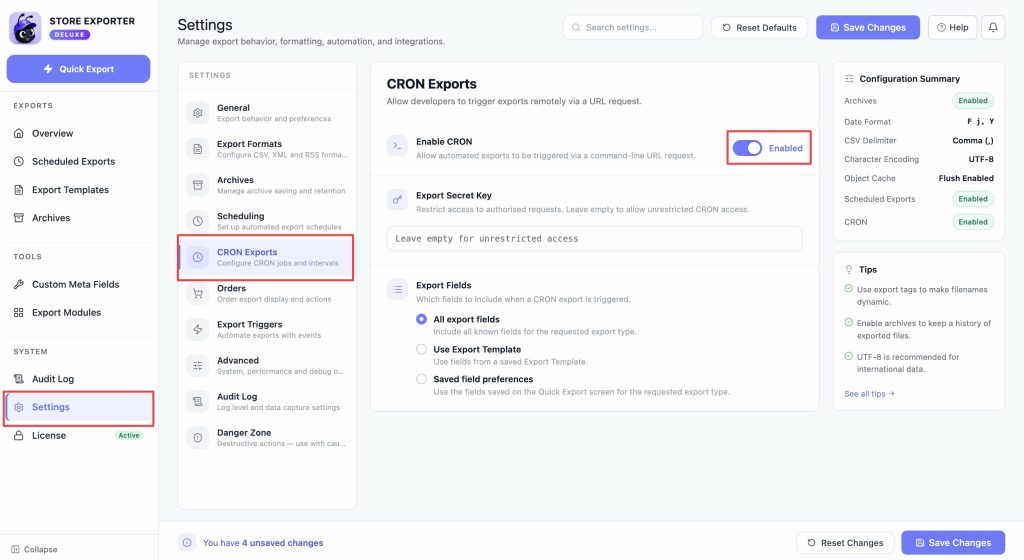 Store Exporter Deluxe Settings, CRON Exports tab, Enable CRON toggled on and Export Secret Key field empty. - Visser Labs Store Exporter Deluxe Settings, CRON Exports tab, Enable CRON toggled on and Export Secret Key field empty.