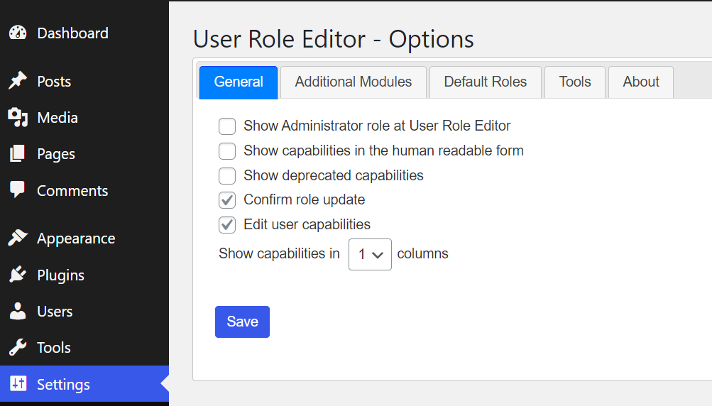 User Role Editor plugin dashboard displaying capability management checkboxes