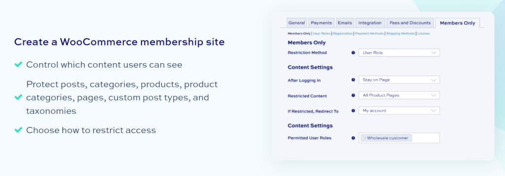 Members Only plugin configuration panel for WooCommerce role-based restrictions