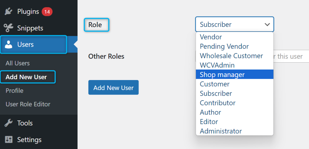 WordPress user role selection dropdown showing WooCommerce roles like shop manager and customer