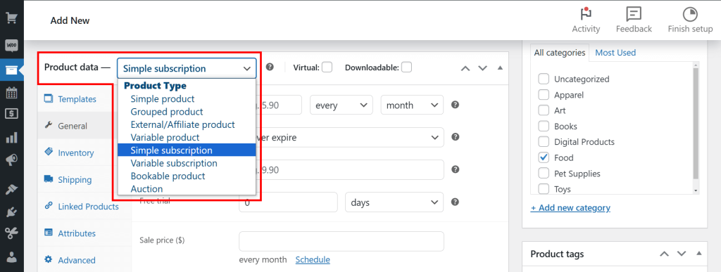 The Product data panel is open, highlighting the 'Simple subscription' option in the product type dropdown.