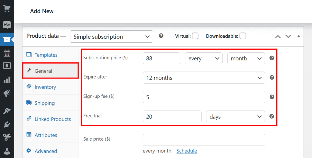 General tab displays subscription details: price, expiration, signup fee, and free trial within the highlighted section.