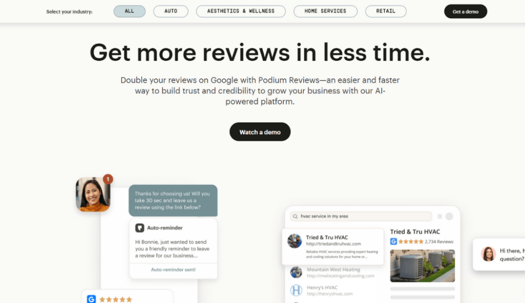 Screenshot of the Podium review management software dashboard, showing how it helps businesses get more Google reviews via text.