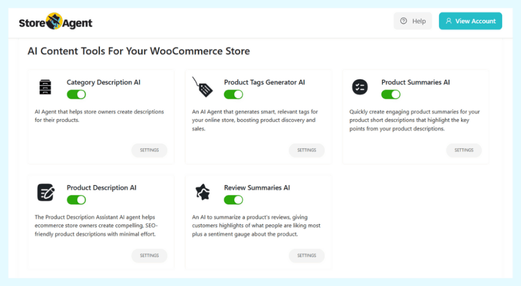 AI-Content-Tools-For-WooCommerce-Store-visser labs - Visser Labs StoreAgent AI content tools dashboard showing product description generator, category description AI, and review summaries for WooCommerce stores