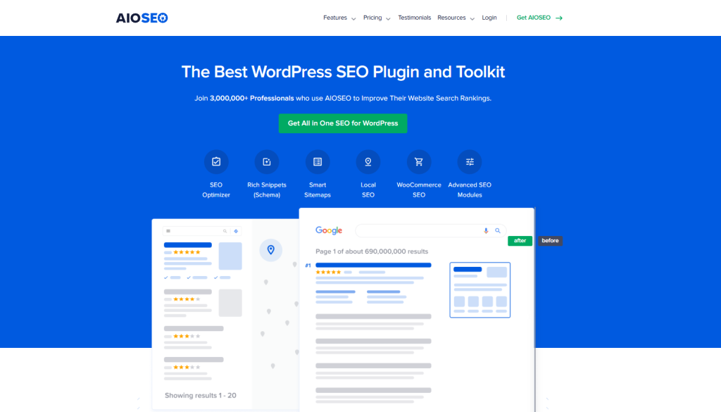 AIOSEO-visser labs - Visser Labs AIOSEO WordPress SEO plugin homepage showing SEO optimizer, rich snippets, and WooCommerce SEO features