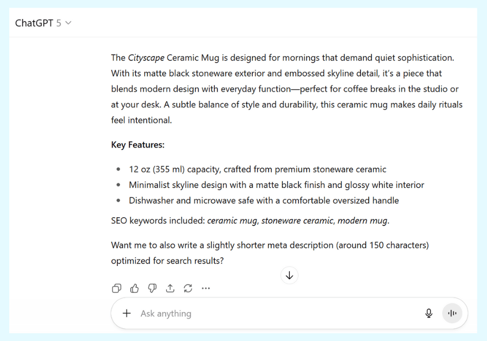 Chatgpt-visser labs - Visser Labs ChatGPT generating a WooCommerce product description for a ceramic mug with SEO keywords and key features