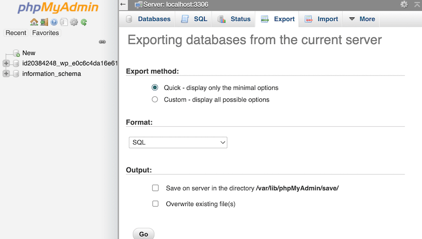 phpMyAdmin export database interface showing Quick export method and SQL format selection for manual WooCommerce backup