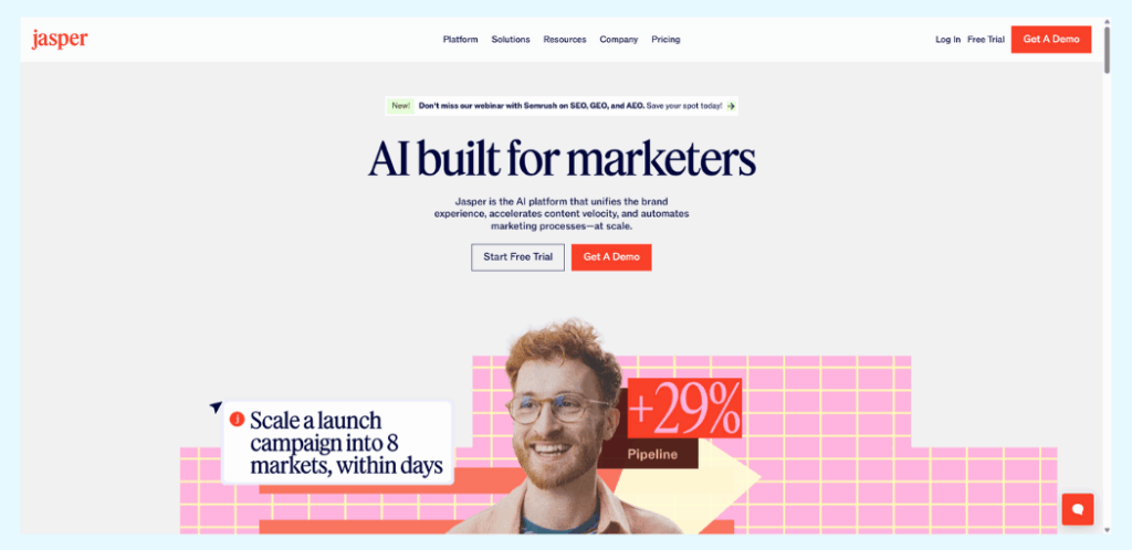 Jasper-AI-visser labs - Visser Labs Jasper AI marketing platform homepage showing AI built for marketers with brand voice features and content templates