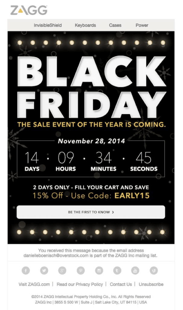 Zagg-Black-Friday-Email-Countdown-606x1024 - Visser Labs Black Friday promotional email from ZAGG with countdown timer showing days, hours, minutes, and seconds until the sale, featuring 15% discount code and call-to-action button