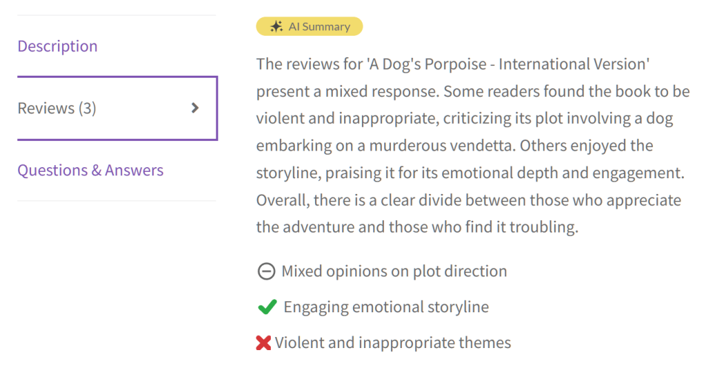 a-dogs-porpoise-book-international-ai-review-summary-mixed 1 - Visser Labs StoreAgent AI review summary dashboard displaying customer review analysis for an e-commerce product with positive and negative sentiment indicators
