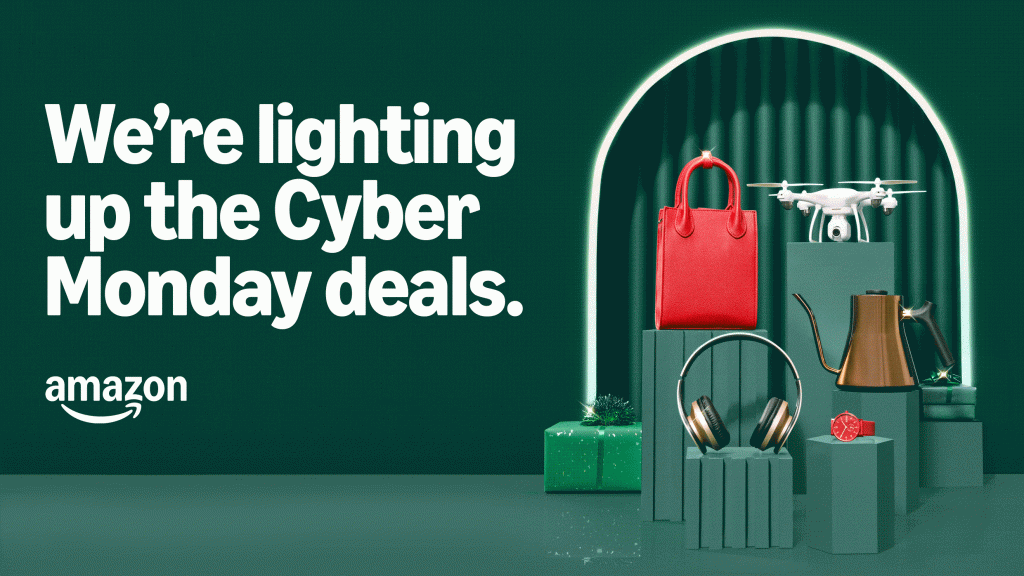 aa-1124-cybermonday-hero-2481x1396 - Visser Labs Amazon Cyber Monday promotional banner with large text "We're lighting up the Cyber Monday deals" showing electronics and gifts against a teal background