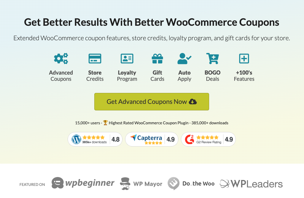 advancedcoupons plugin-visser labs - Visser Labs Advanced Coupons WooCommerce plugin dashboard showing coupon features including tiered discounts, store credits, loyalty programs, BOGO deals, and auto-apply functionality
