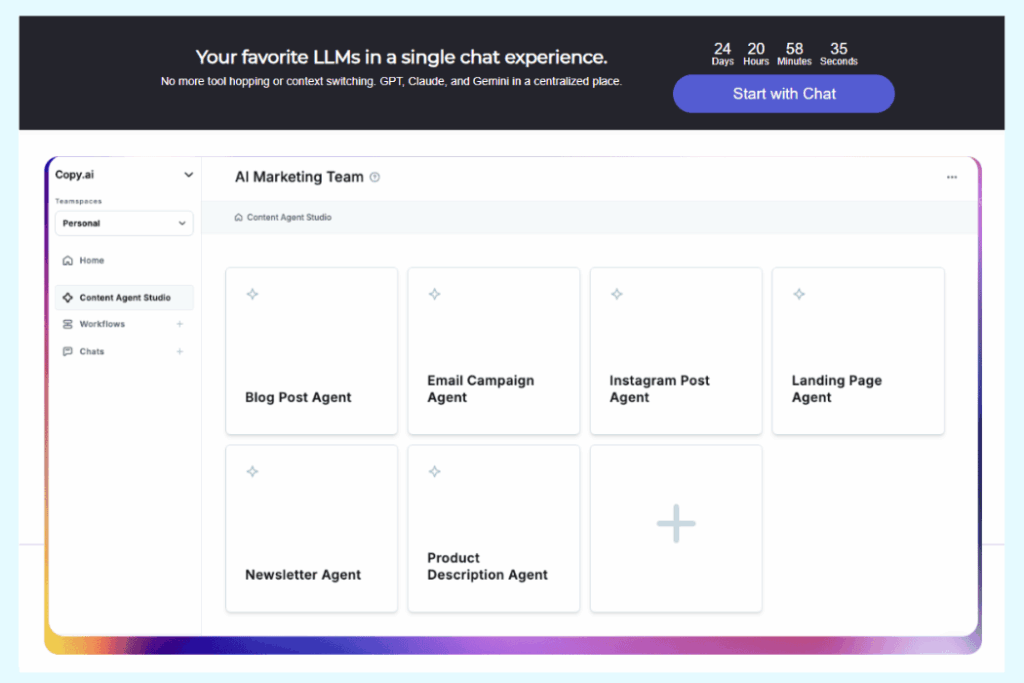 copy-ai-visser labs - Visser Labs Copy.ai content agent studio dashboard with multiple AI agents for blog posts, email campaigns, and social media content