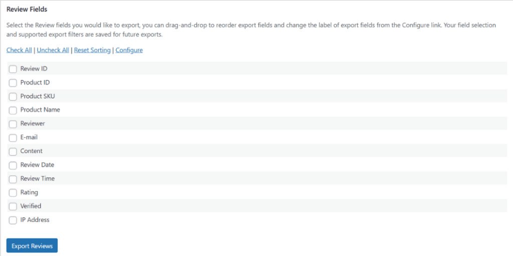 review fields-visser labs - Visser Labs A screenshot showing the specific data fields available for export in the Store Exporter Deluxe plugin, including Review Content, Star Rating, and Product SKU.