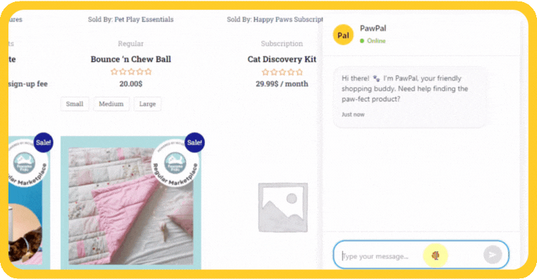 storeagent-chat-demo-gif 4 - Visser Labs StoreAgent AI chatbot interface showing a customer chat with a PawPal shopping assistant, displaying product recommendations for pet supplies during Black Friday