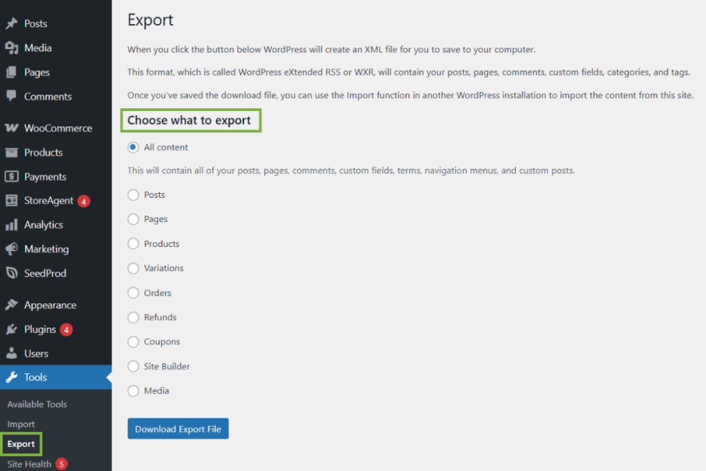 woocommerce export tool-visser labs - Visser Labs Screenshot of the default WordPress export tool, showing the limited options for exporting content like posts, pages, and comments.
