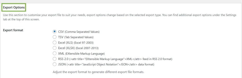 Export format options for WooCommerce coupons including CSV Excel XML and JSON