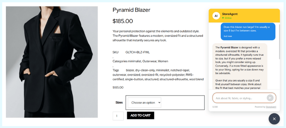 Fashion Store Chatbot-storeagent - Visser Labs AI chatbot answering product questions on fashion store product page with blazer details and sizing options