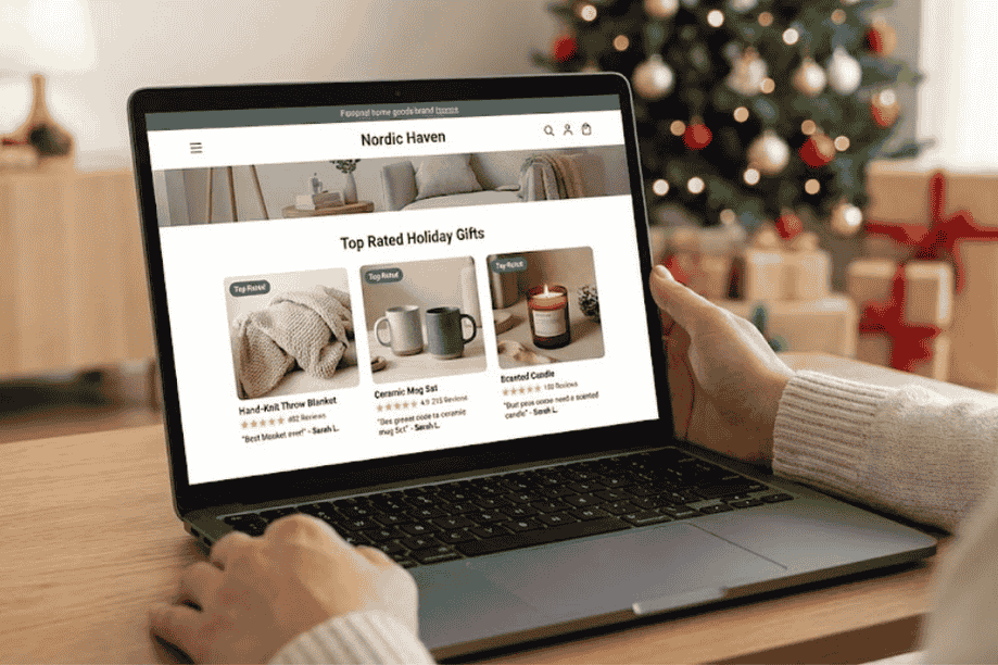 Leverage social prooft-visserlabs - Visser Labs Laptop displaying a 'Top Rated Holiday Gifts' section with 5-star product reviews