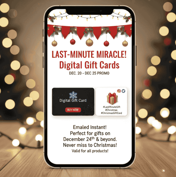 Promote digital gift cards-visserlabs - Visser Labs Mobile phone displaying a digital gift card promotion for last-minute Christmas shoppers