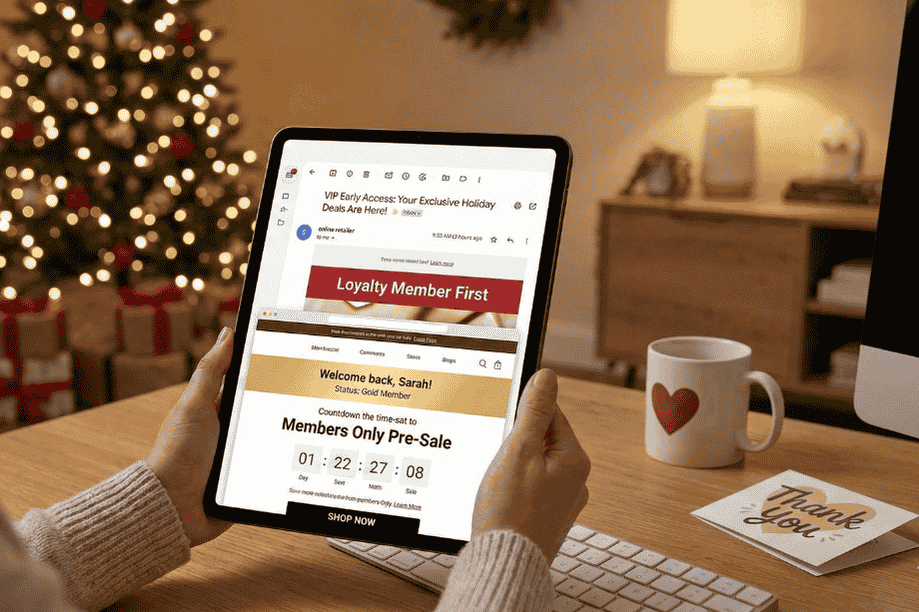 Reward loyal customers first-visserlabs - Visser Labs Tablet showing an exclusive 'Members Only Pre-Sale' email and landing page for loyal customers