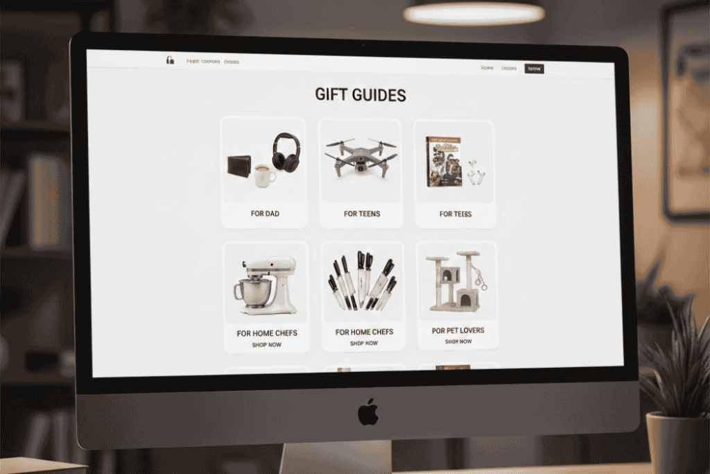 curated gift guides-visserlabs - Visser Labs Ecommerce store gift guide page on a desktop computer showing categories like 'For Dad' and 'For Teens'