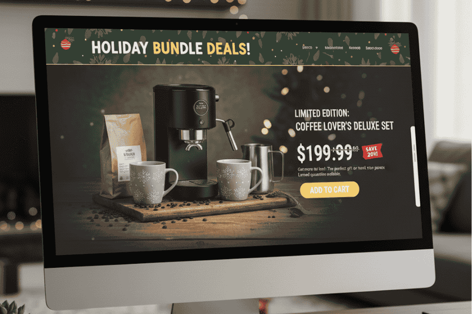 exclusive product bundles-visserlabs - Visser Labs Example of a 'Coffee Lover's Deluxe Set' product bundle with holiday branding and savings badge