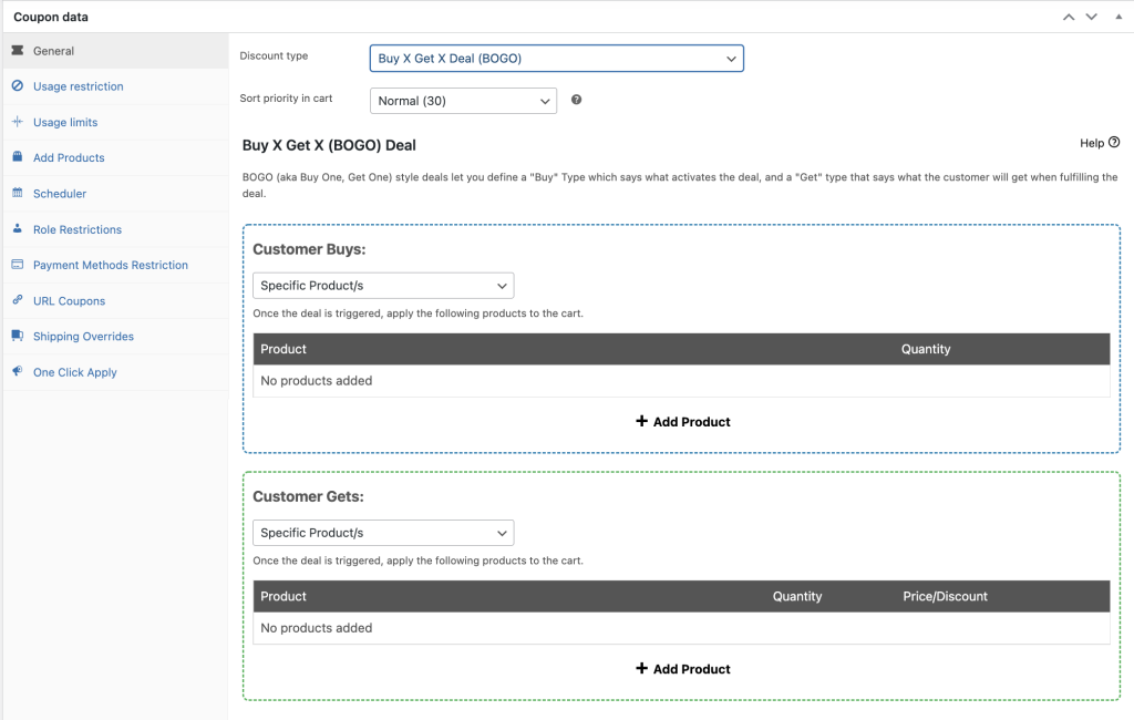 Advanced Coupons BOGO deal settings showing buy one get one promotion configuration