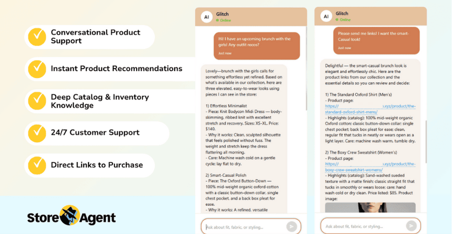 StoreAgent AI Chat features showing WooCommerce product and inventory integration