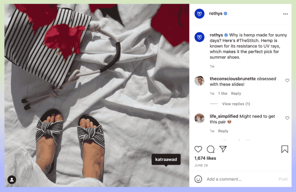 rothy instagram post-visser labs - Visser Labs Rothy's Instagram post showing striped bow flats with educational content about hemp material UV resistance