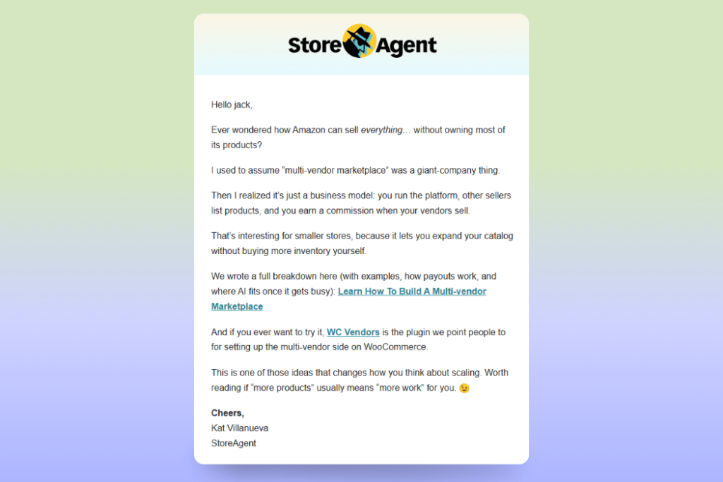 storeagent post-purchase email-visser labs - Visser Labs StoreAgent post-purchase email explaining multi-vendor marketplace benefits to educate customers after buying