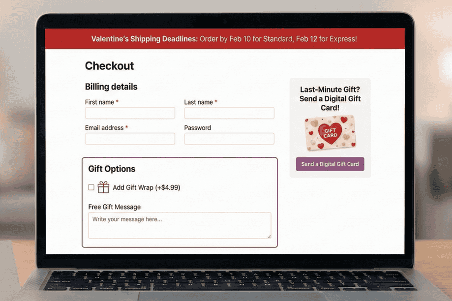WooCommerce checkout page with Valentine's Day shipping deadlines, gift wrap checkbox, and free gift message field