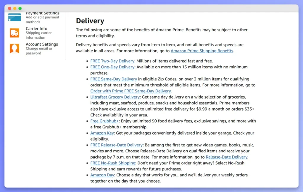 Amazon Prime delivery benefits list including free two-day, one-day, and same-day shipping options.