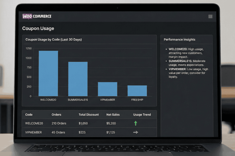 Coupon usage-visser labs - Visser Labs WooCommerce coupon usage report dashboard illustrating performance insights and total discounts by coupon code.