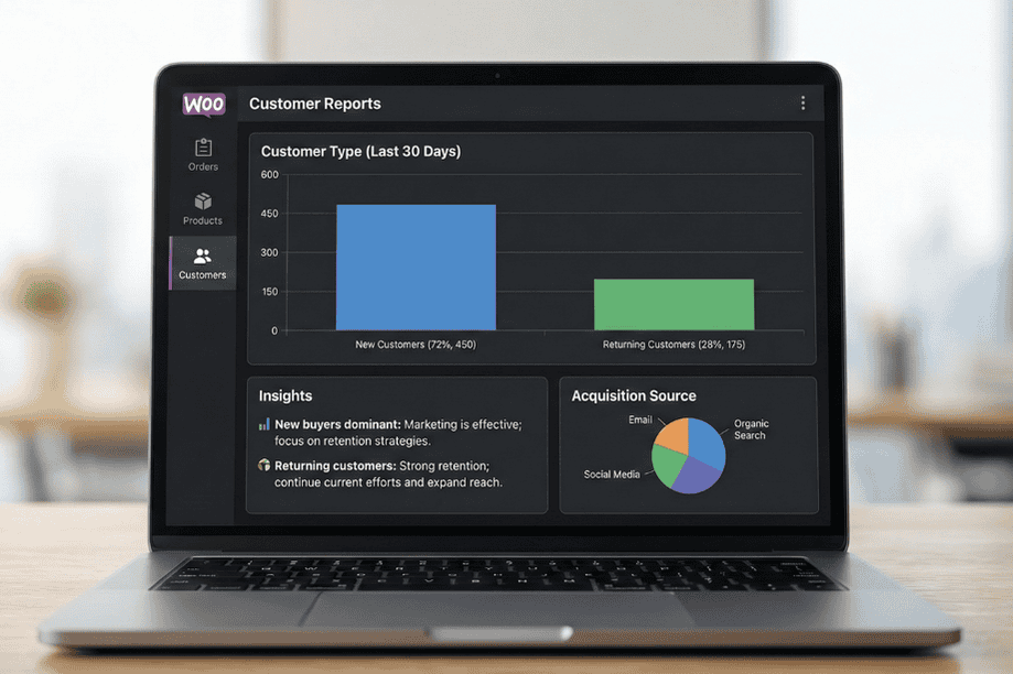 Customer reports-visser labs - Visser Labs WooCommerce customer report dashboard showing new vs returning customer percentages and acquisition sources.