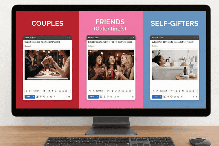 Three email drafts showing different Valentine's Day marketing angles for couples, Galentine's friends, and self-gifters