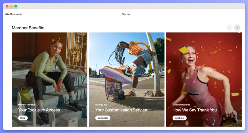 Nike Membership benefits portal highlighting exclusive product access, customization services, and member rewards.