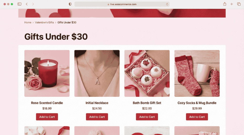 WooCommerce category page showing Gifts Under  collection with product grid optimized for Valentine's Day gift shopping