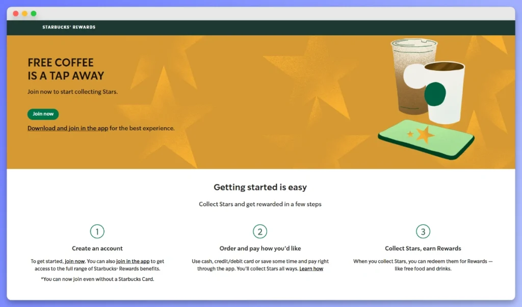 Starbucks Rewards mobile app guide showing steps to create an account, pay, and collect stars for rewards.