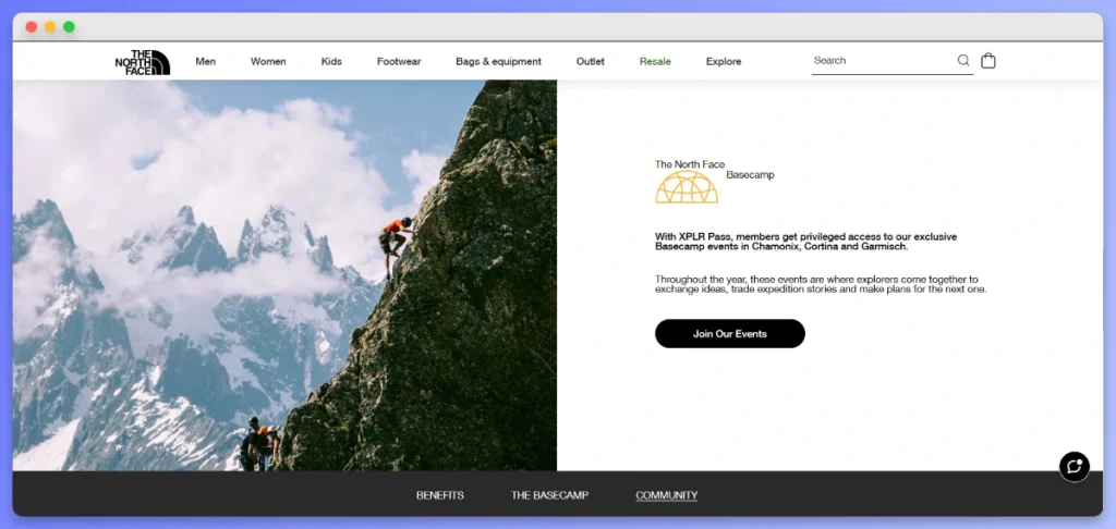 The North Face XPLR Pass Basecamp member invitation featuring a rock climber on a mountain face.