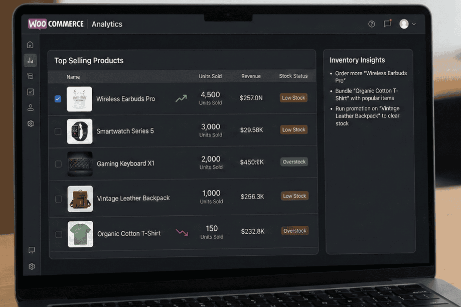 Top selling products-visser labs - Visser Labs WooCommerce top selling products analytics report displaying units sold, revenue, and stock status labels.
