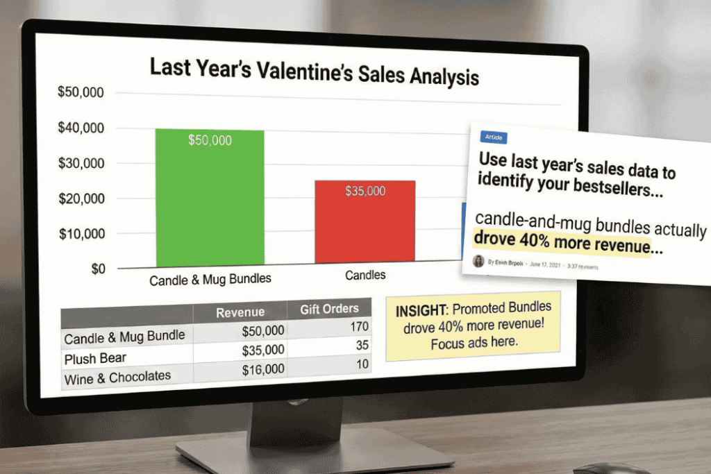 Sales analysis dashboard showing Valentine's Day revenue comparison between candle-mug bundles and individual candles with actionable insights for WooCommerce store planning