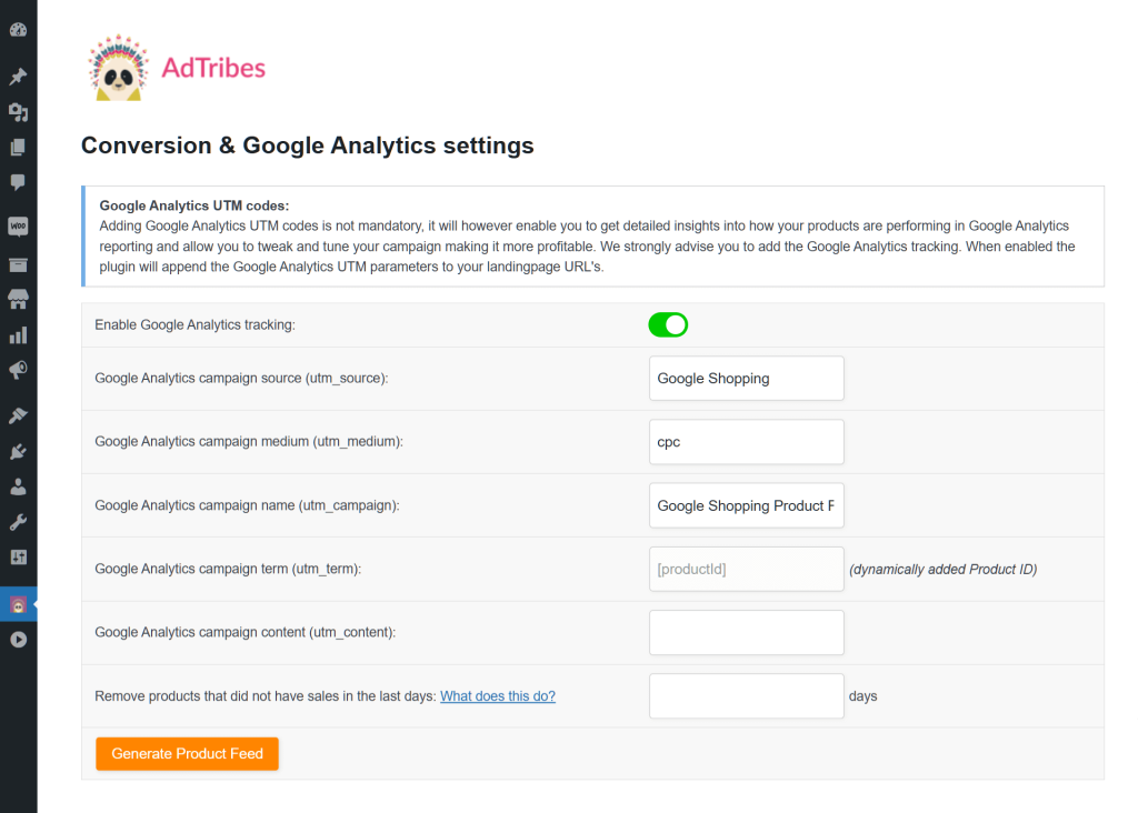 google-shopping-google-analytics - Visser Labs AdTribes Google Shopping plugin screen showing Google Analytics UTM and conversion tracking settings